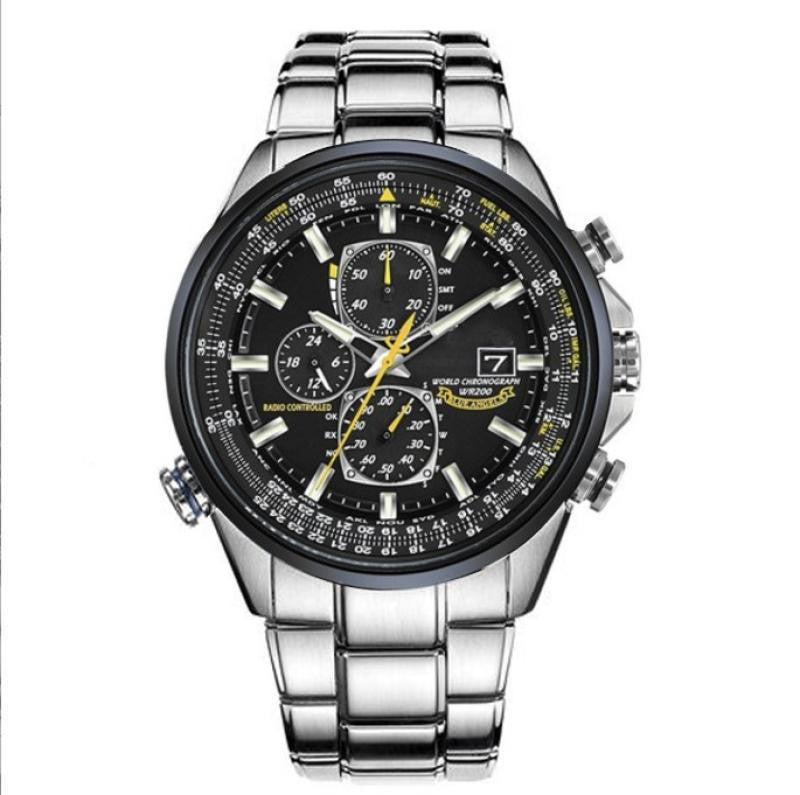 Silver wristwatch with a black dial on a white background