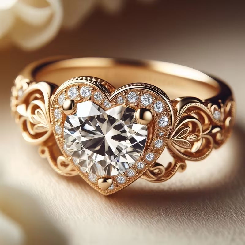 Gold heart zircon ring with ornate filigree band and large center stone