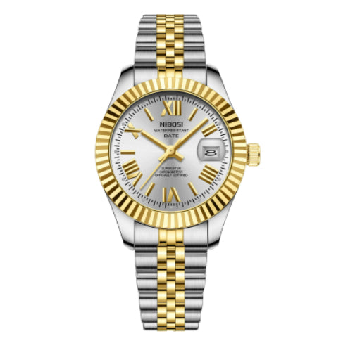 Men's quartz watch with two-tone steel bracelet and gold bezel, white dial, day-date window