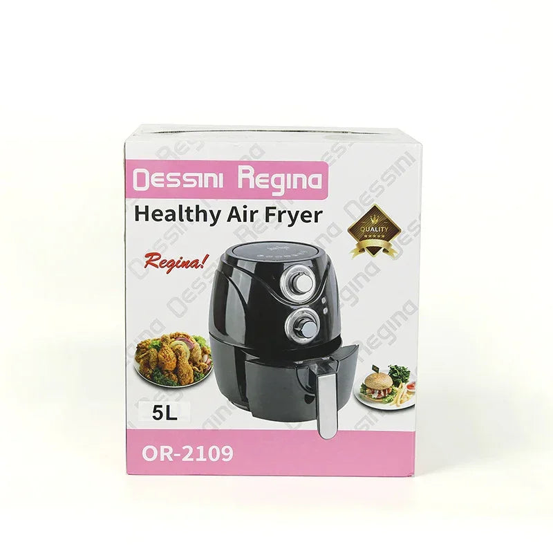 Dessini Regina Healthy Air Fryer box showing 5L black air fryer illustration.