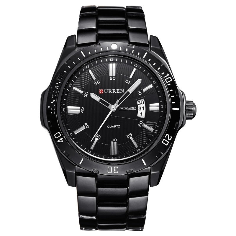 Men's casual quartz watch with black dial and black metal bracelet, date window