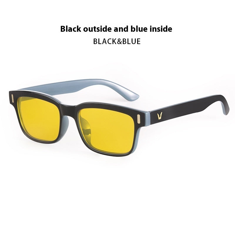 Sunglasses with black frame and yellow lenses on a white background