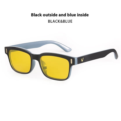 Sunglasses with black frame and yellow lenses on a white background