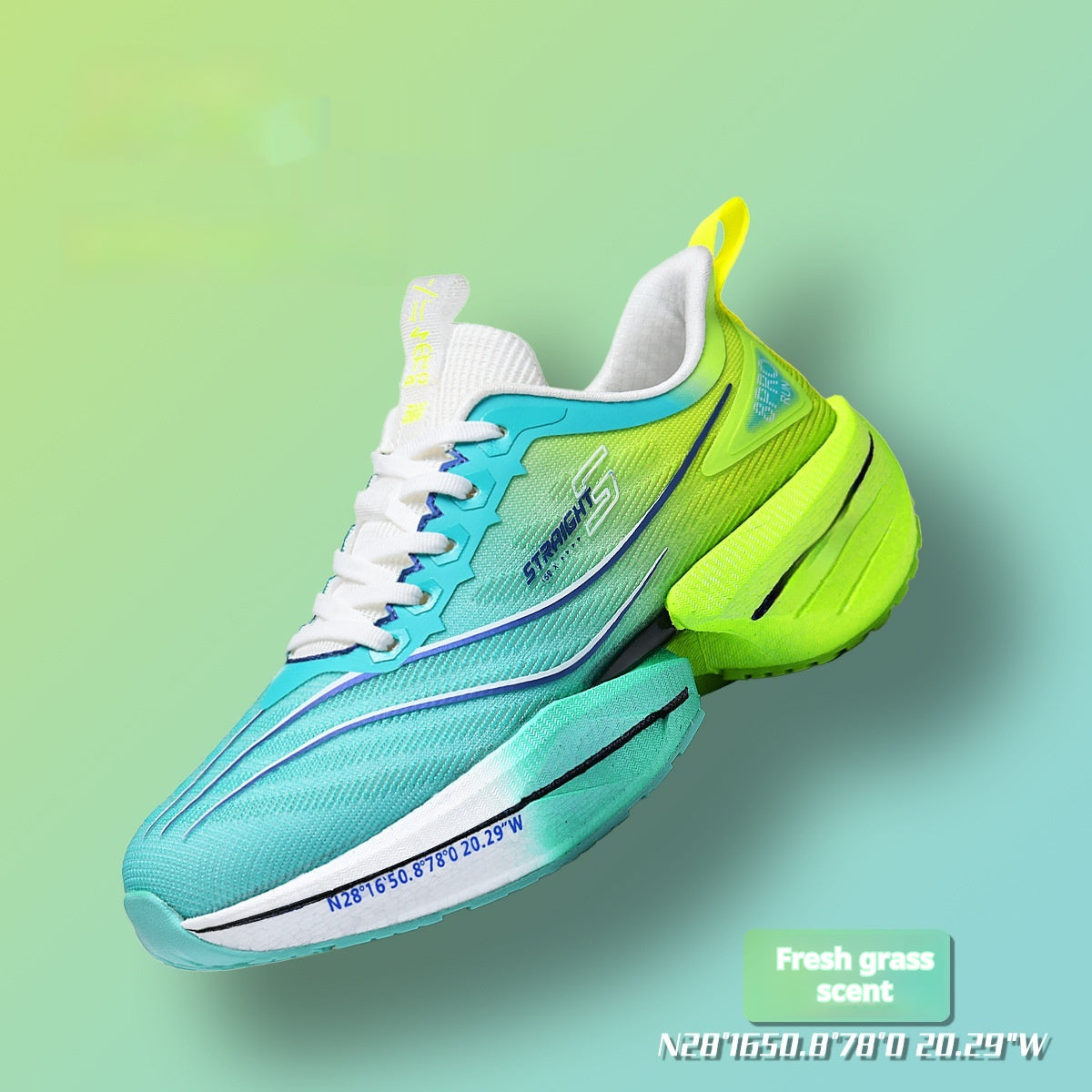 Boys racing sneakers with white and neon green upper, teal accents, black outsole