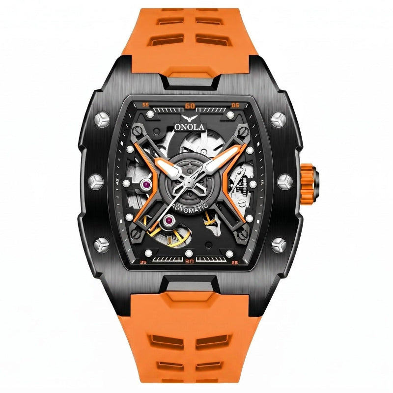 Men's sporty automatic mechanical watch with orange silicone strap and skeleton dial