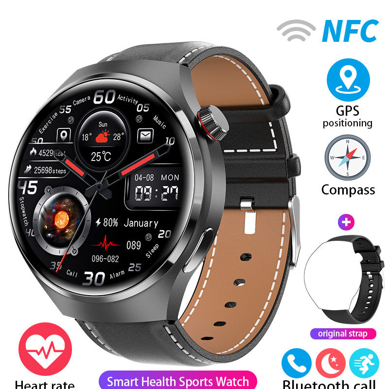 Dark round smartwatch with black leather-style strap and a multi-dial digital watch face