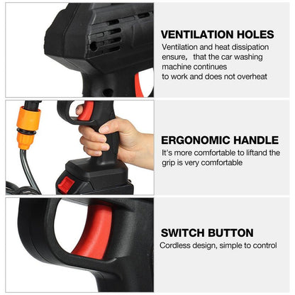 Cordless pressure washer with vented housing, ergonomic handle, and switch button