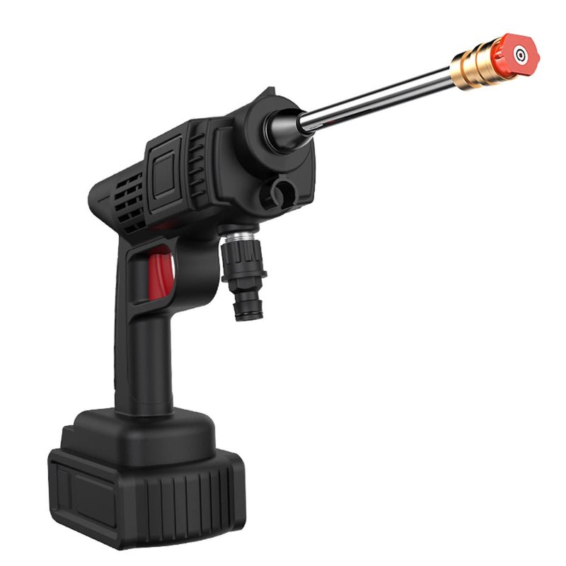 Cordless pressure washer spray gun with metal nozzle tip and red trigger