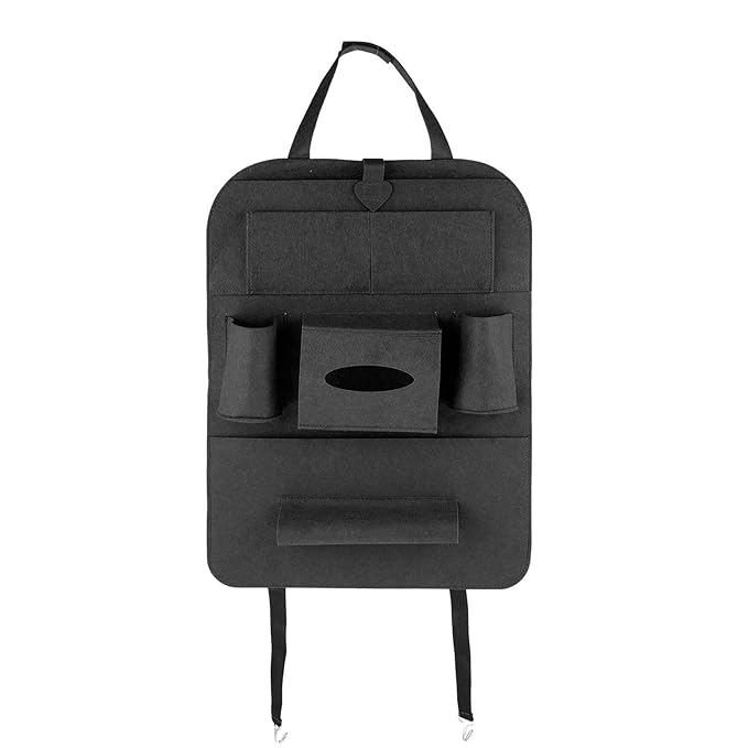 Car seat organizer in dark gray fabric with hanging handle and multiple storage pockets