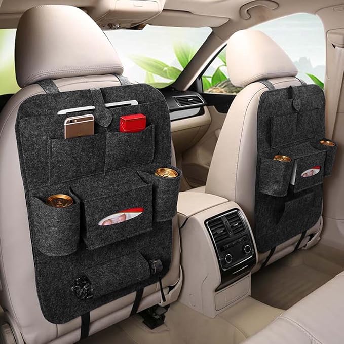 Car seat organizer on beige car seats with dark gray storage pockets and cup holders