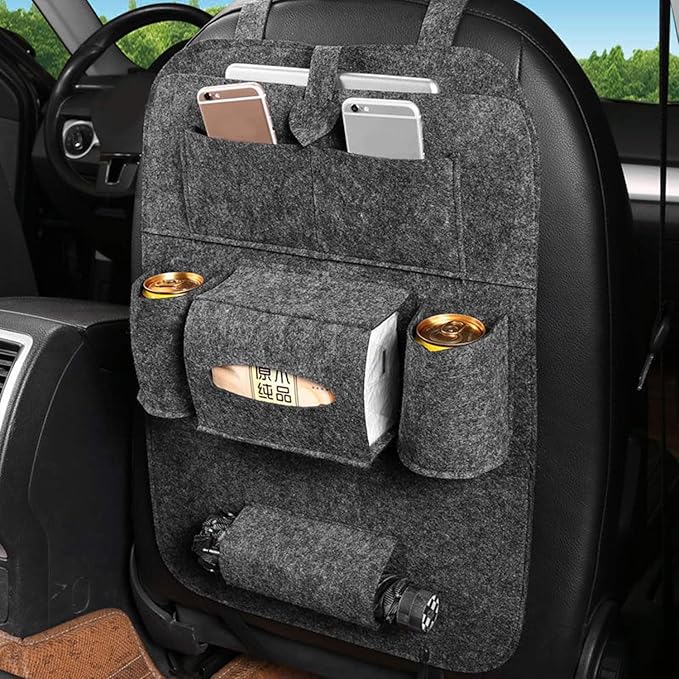 Car seat organizer on front seat with side cup holders and central pocket, dark gray fabric