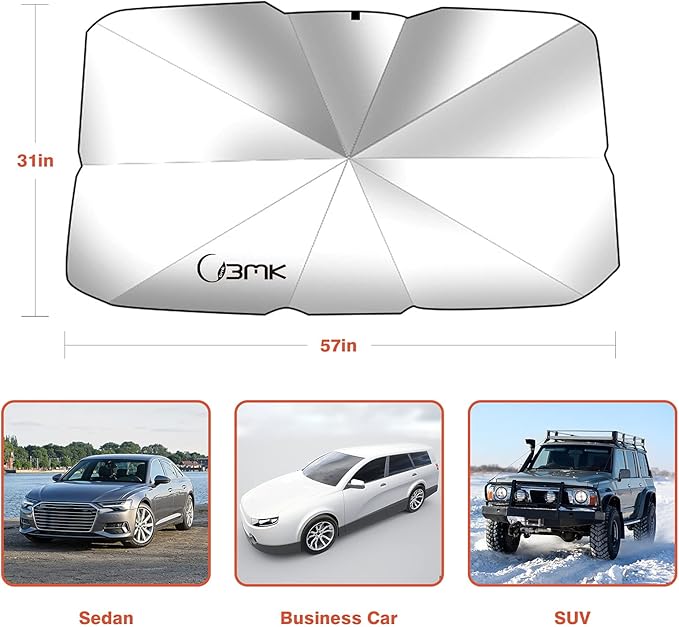 Car windshield sun umbrella unfolded in hex shape with size markings and car fit guides