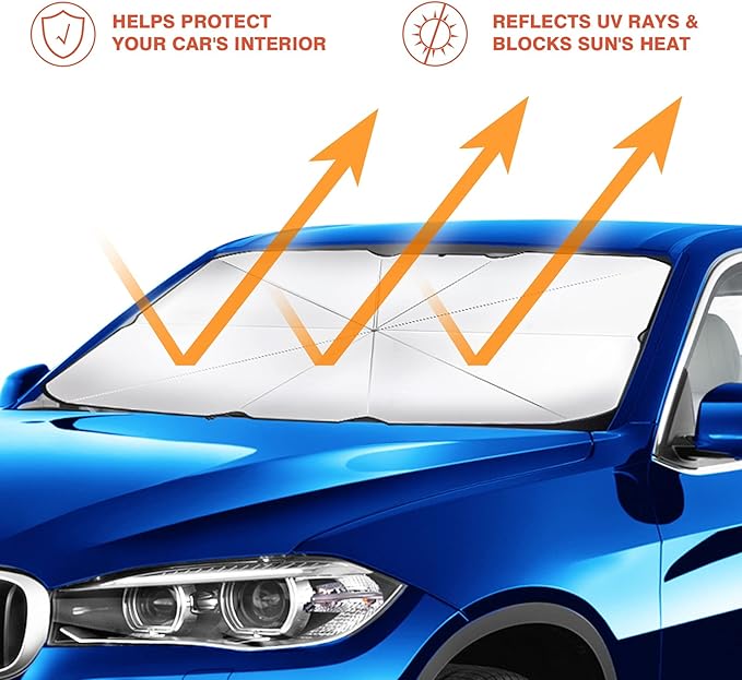 Deployed car windshield sun umbrella shade on a blue car with reflective sun arrows