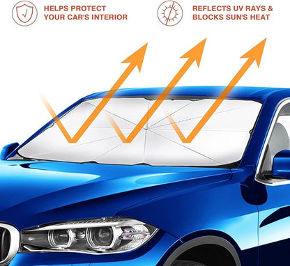 Deployed car windshield sun umbrella shade on a blue car with reflective sun arrows