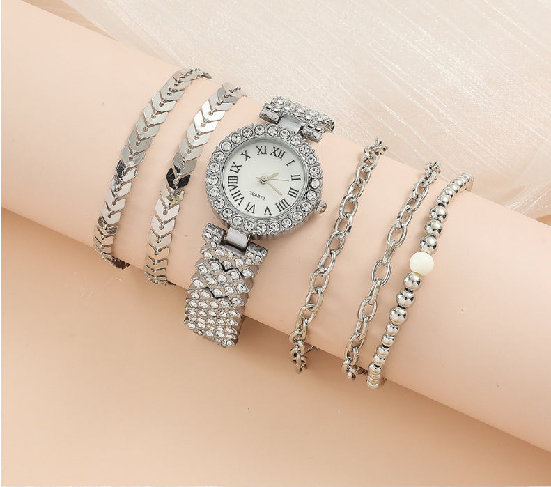 Silver-tone crystal watch with rhinestone bezel and linked bracelet set