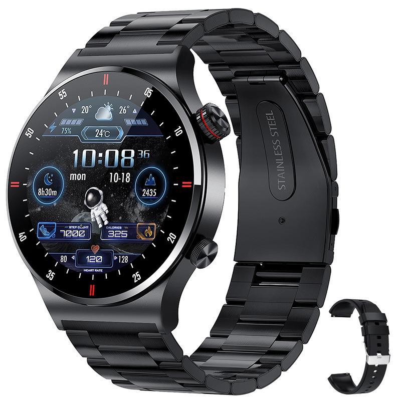 Black QW33 smartwatch with link bracelet beside an illustration of a black strap