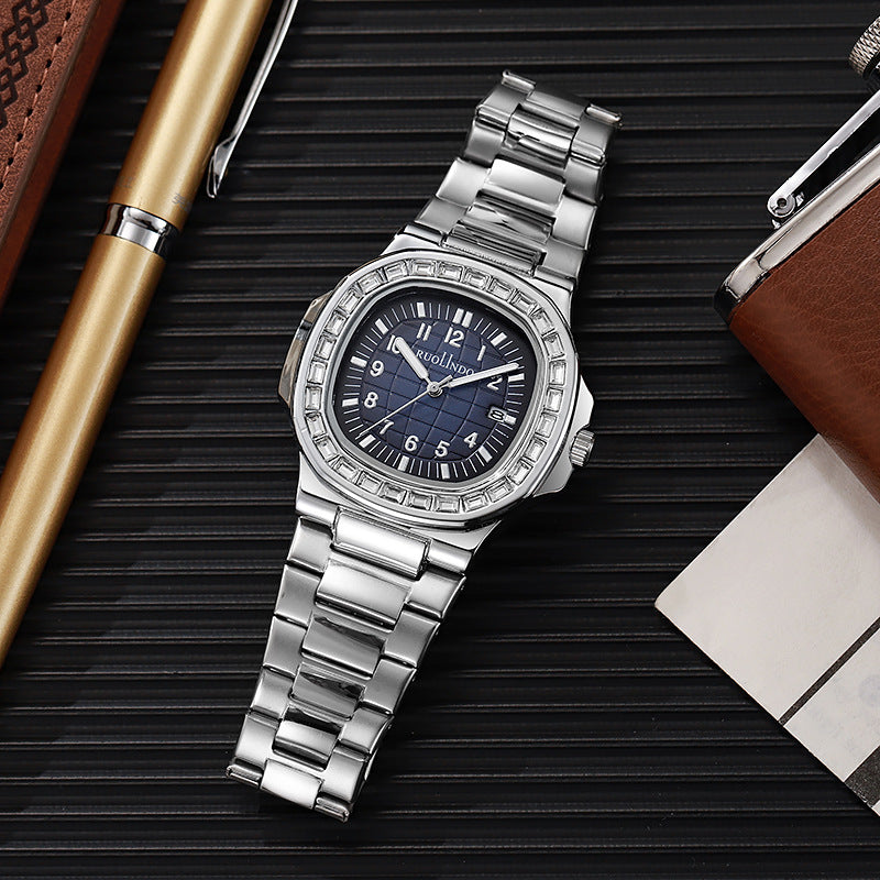 Men's stainless steel quartz wrist watch with dark blue dial and silver metal link bracelet