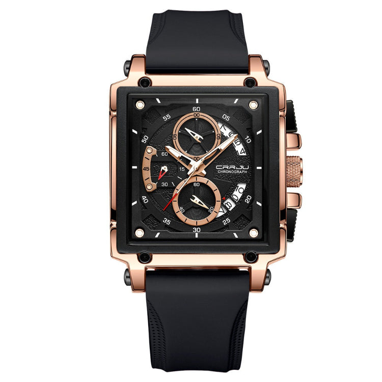Sport square quartz watch with black silicone strap, rose gold case, black multi-dial face