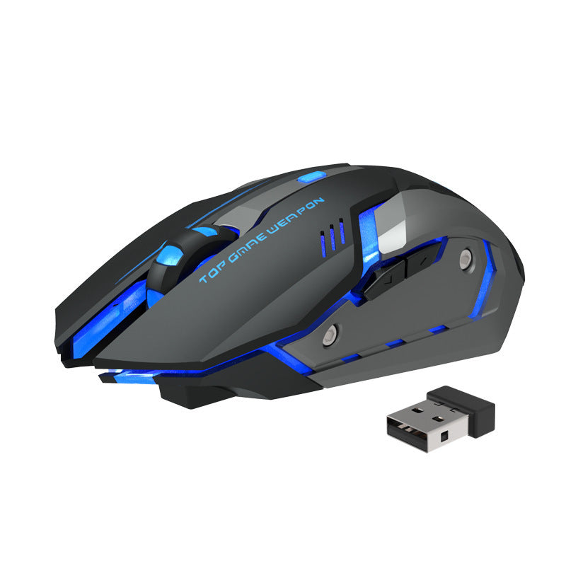 Black wireless gaming mouse with blue LED accents and included USB receiver