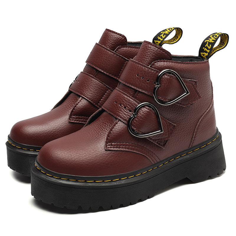 Women's thick-soled boots, burgundy brown upper with heart-shaped buckle straps