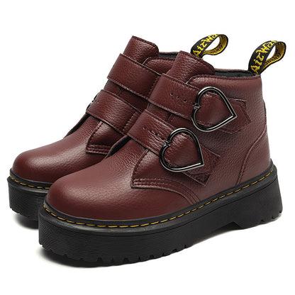Women's thick-soled boots, burgundy brown upper with heart-shaped buckle straps