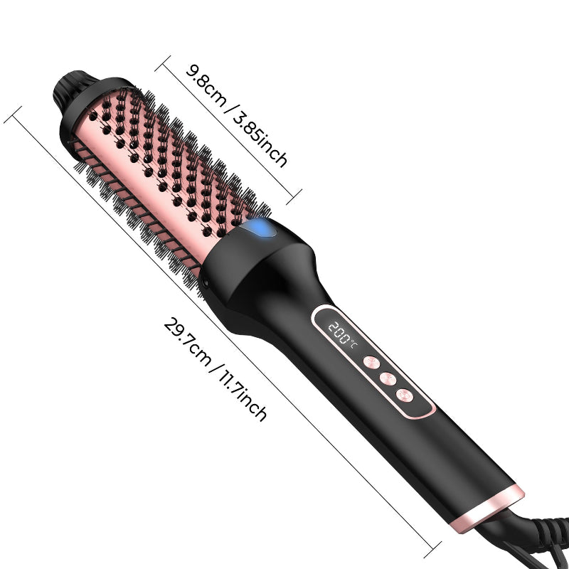 Electric heated hair brush styling tool, black body with pink bristle barrel and display.