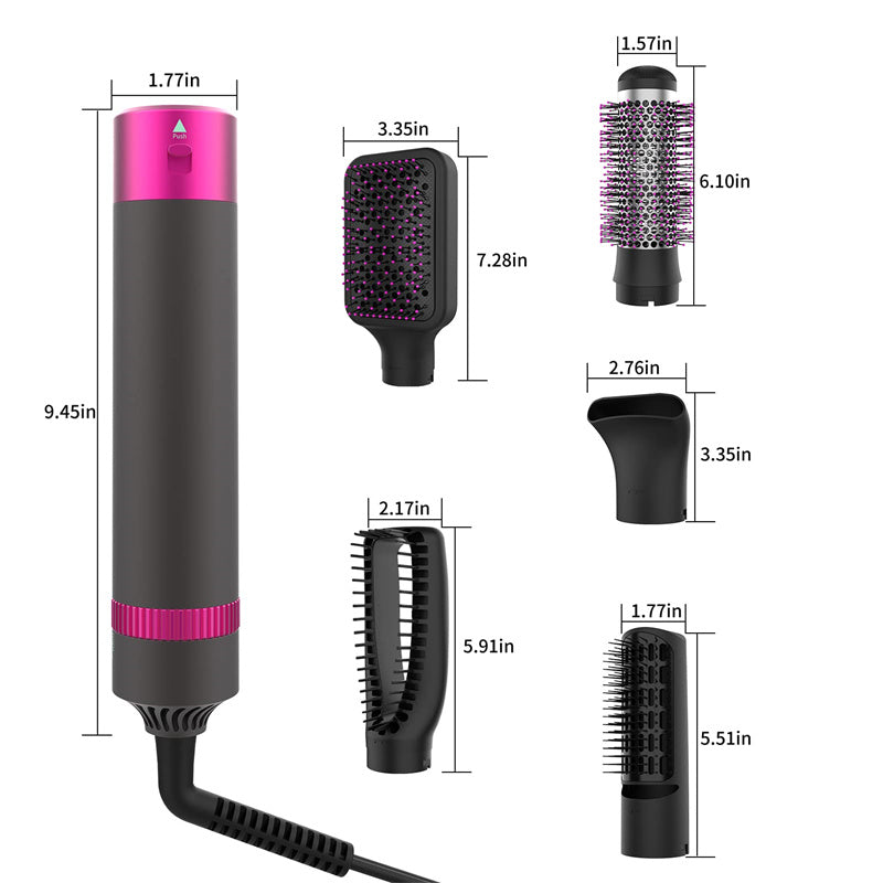 Hair styling tool with various attachments and measurements on a white background