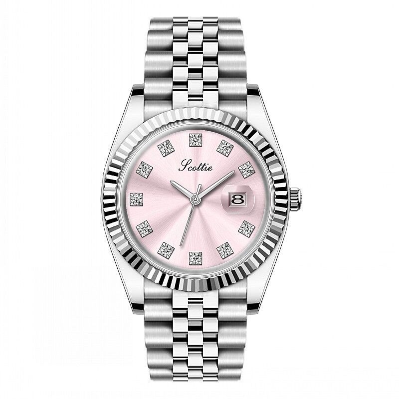 Women's steel quartz watch with pink dial and silver stainless steel bracelet