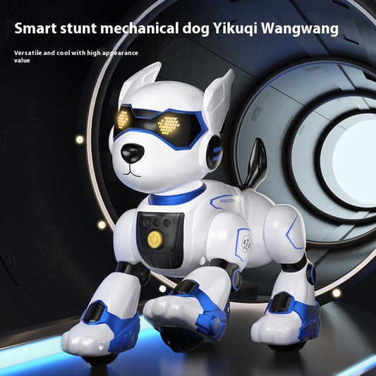 Smart stunt mechanical dog Yikuqi Wangwang with glowing eyes on a dark background
