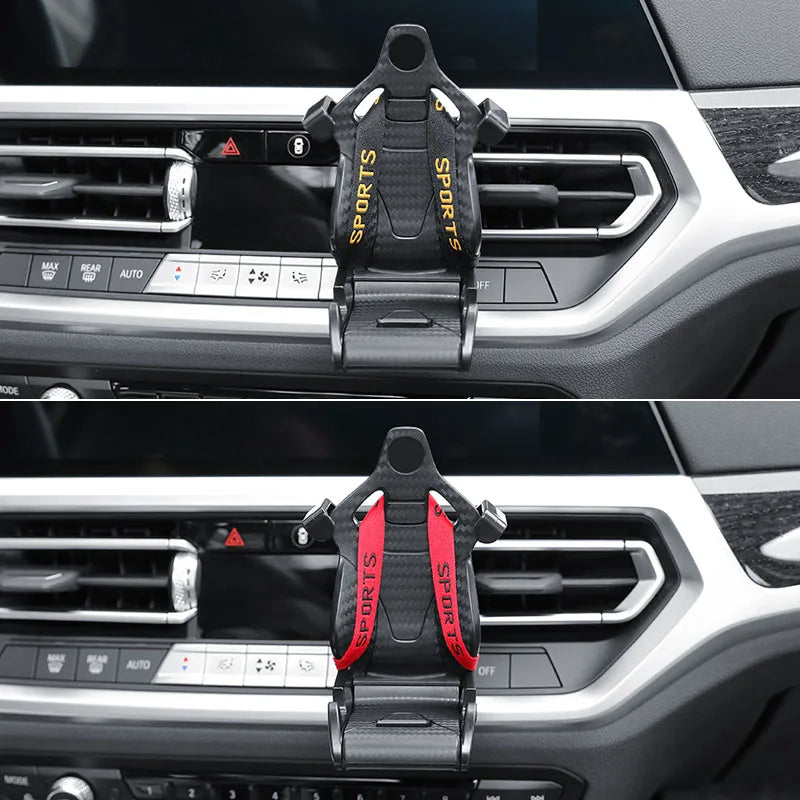 Racing seat car phone holder with red ribbon accents and adjustable clamp arms