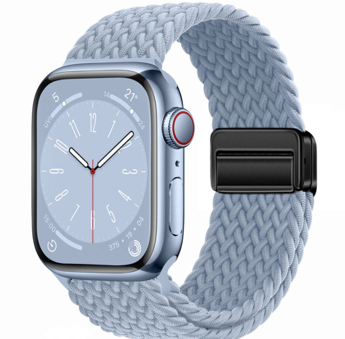 Smartwatch with a braided light blue band on a white background