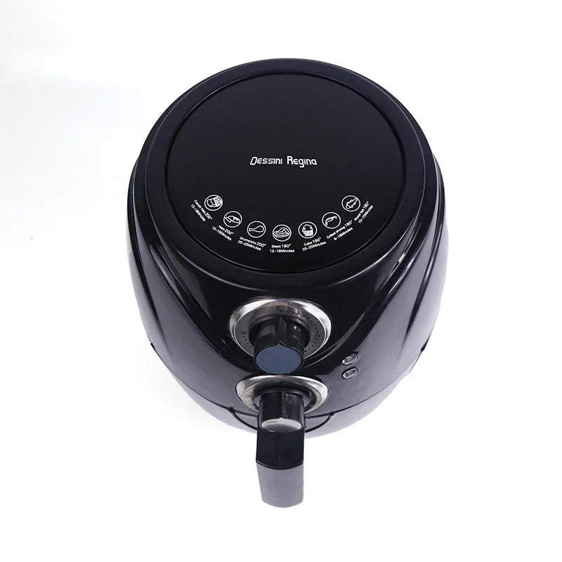 Black air fryer top control panel with two knobs and vent area.