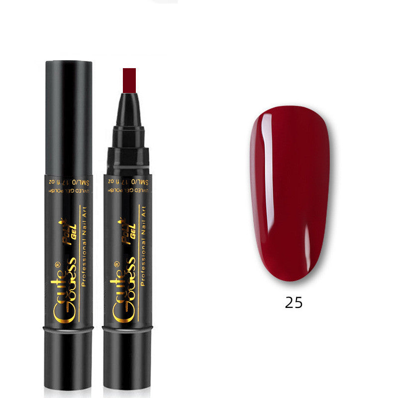 Nail gel polish pen with red cap and red nail swatch, color 25