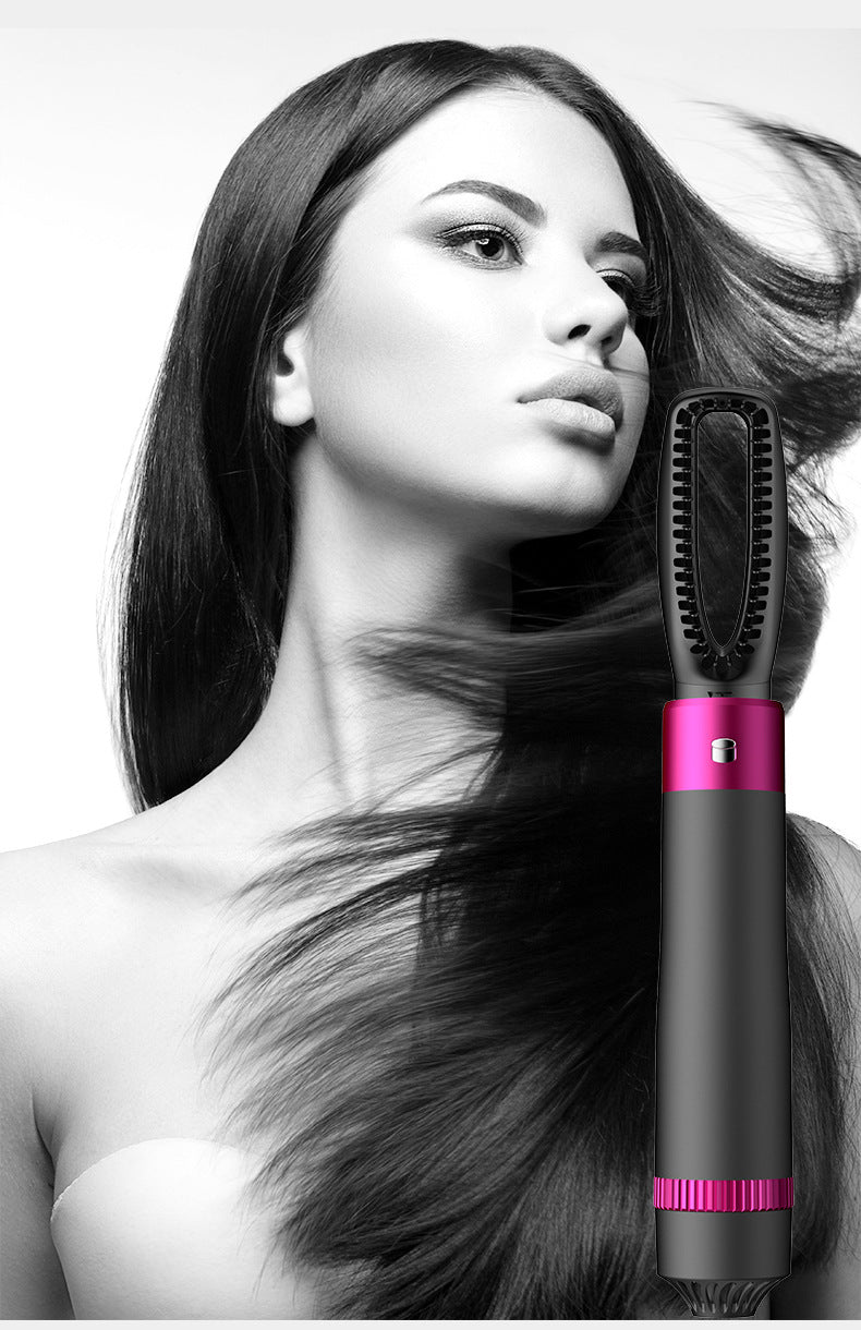 Woman using a hair styling tool on her hair with a white background