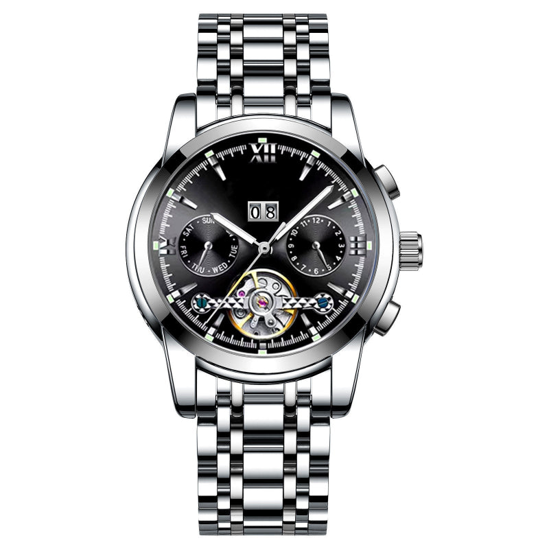 Silver wristwatch with black dial on a white background