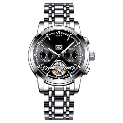 Silver wristwatch with black dial on a white background
