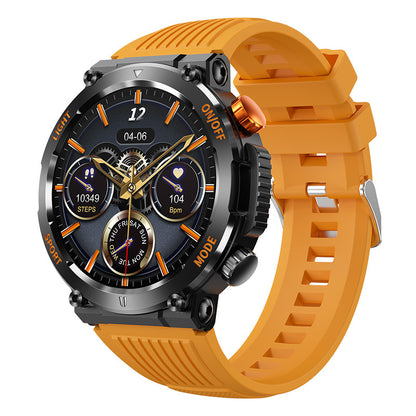 Orange sport smartwatch with round face, orange silicone strap, orange bezel accents