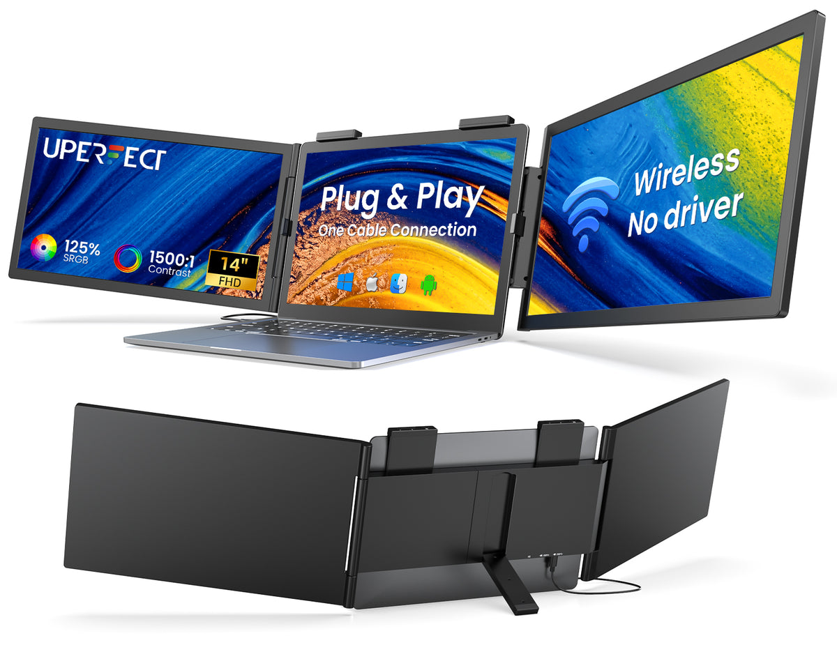 Portable 14-inch wireless triple monitor with hinged display stand, shown opened