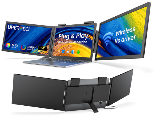 Portable 14-inch wireless triple monitor with hinged display stand, shown opened
