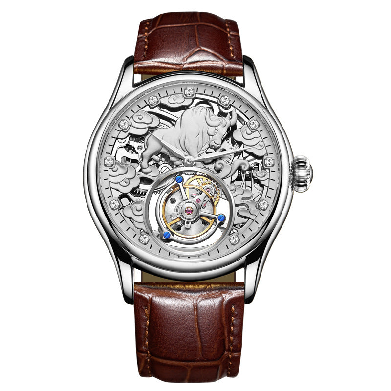 White-gold tone manual tourbillon wristwatch with brown leather strap and openwork dial