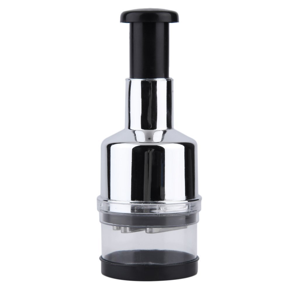 Manual press vegetable cutter with a chrome housing, clear cup, and black plunger