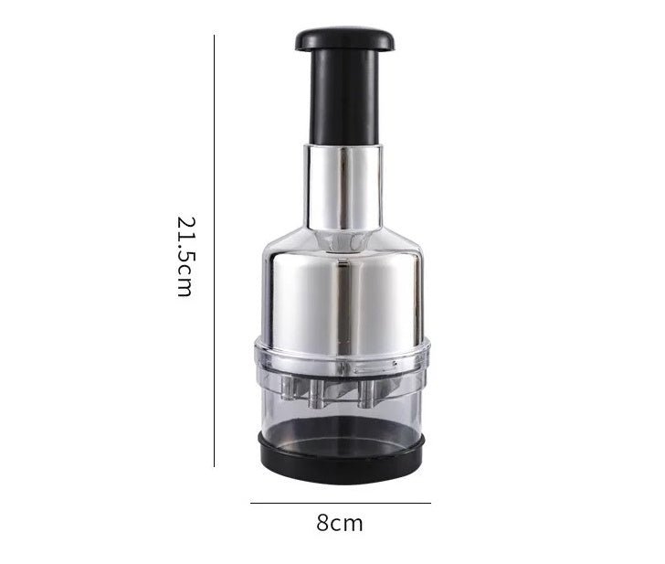 Manual press vegetable cutter measuring 21.5 cm tall and 8 cm wide