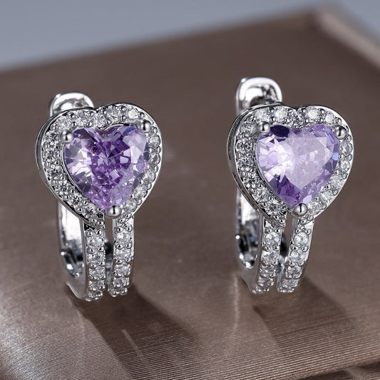 Heart-shaped clip-on earrings with purple gemstones and pavé accents