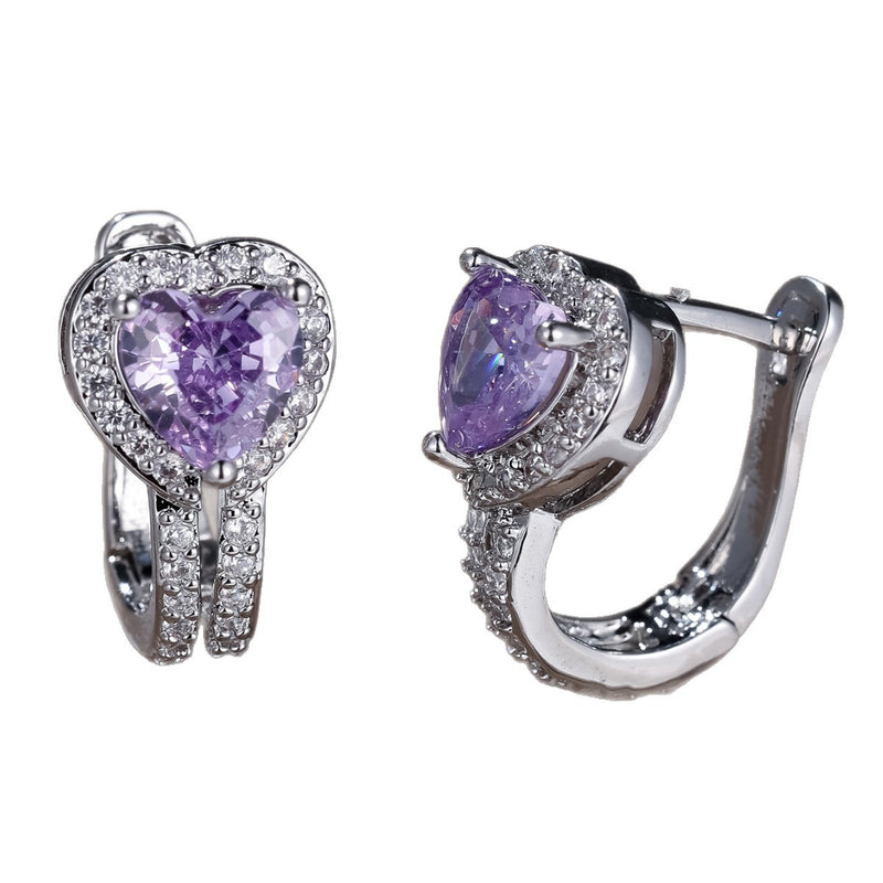 Heart-shaped lavender gemstone ear clips with crystal halo and open hinged backing