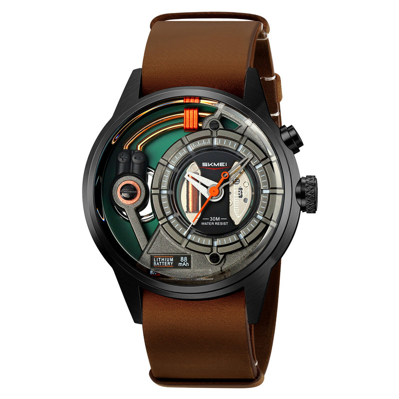 Men's quartz watch with black case and brown leather strap, multi-dial face.