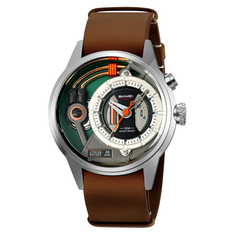 Men's quartz watch with silver case and brown leather strap, analog multi-dial.