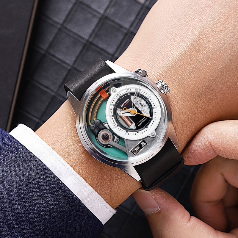 Men's quartz watch on wrist with black leather strap and round silver case.