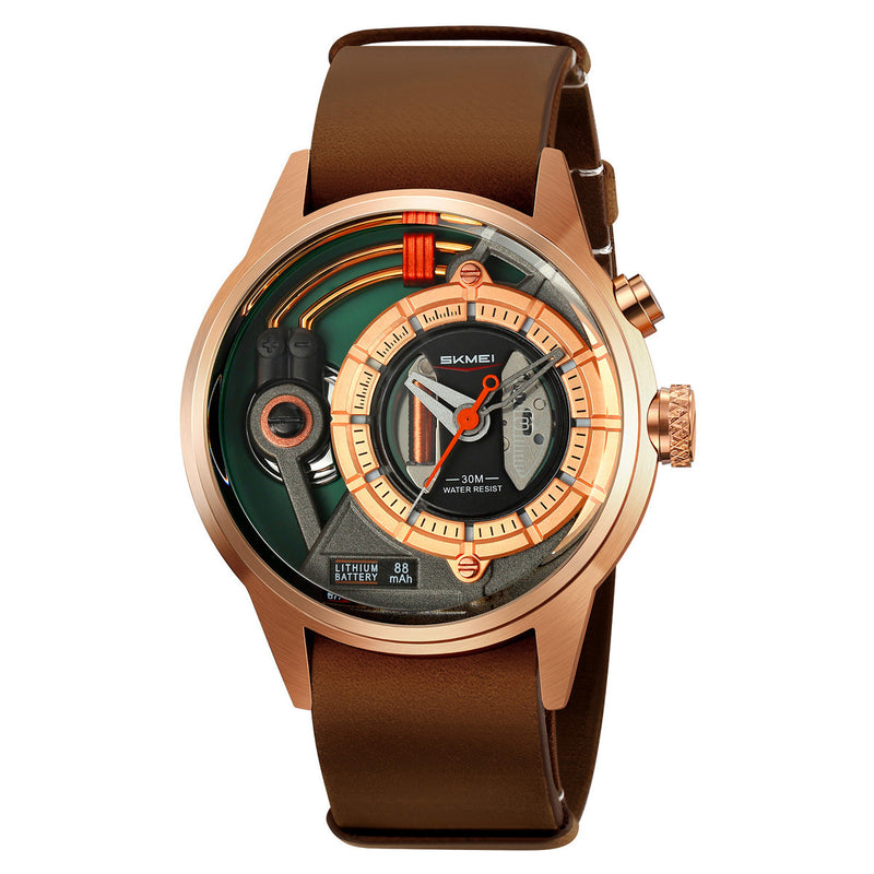 Men's quartz watch with rose gold case and brown leather strap, analog face.