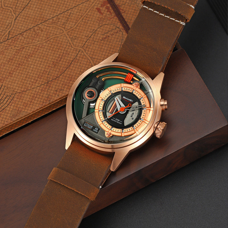 Men's quartz watch close-up with rose gold case and brown leather strap.