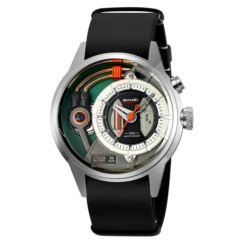 Men's quartz watch with silver case and black silicone strap, detailed dial.
